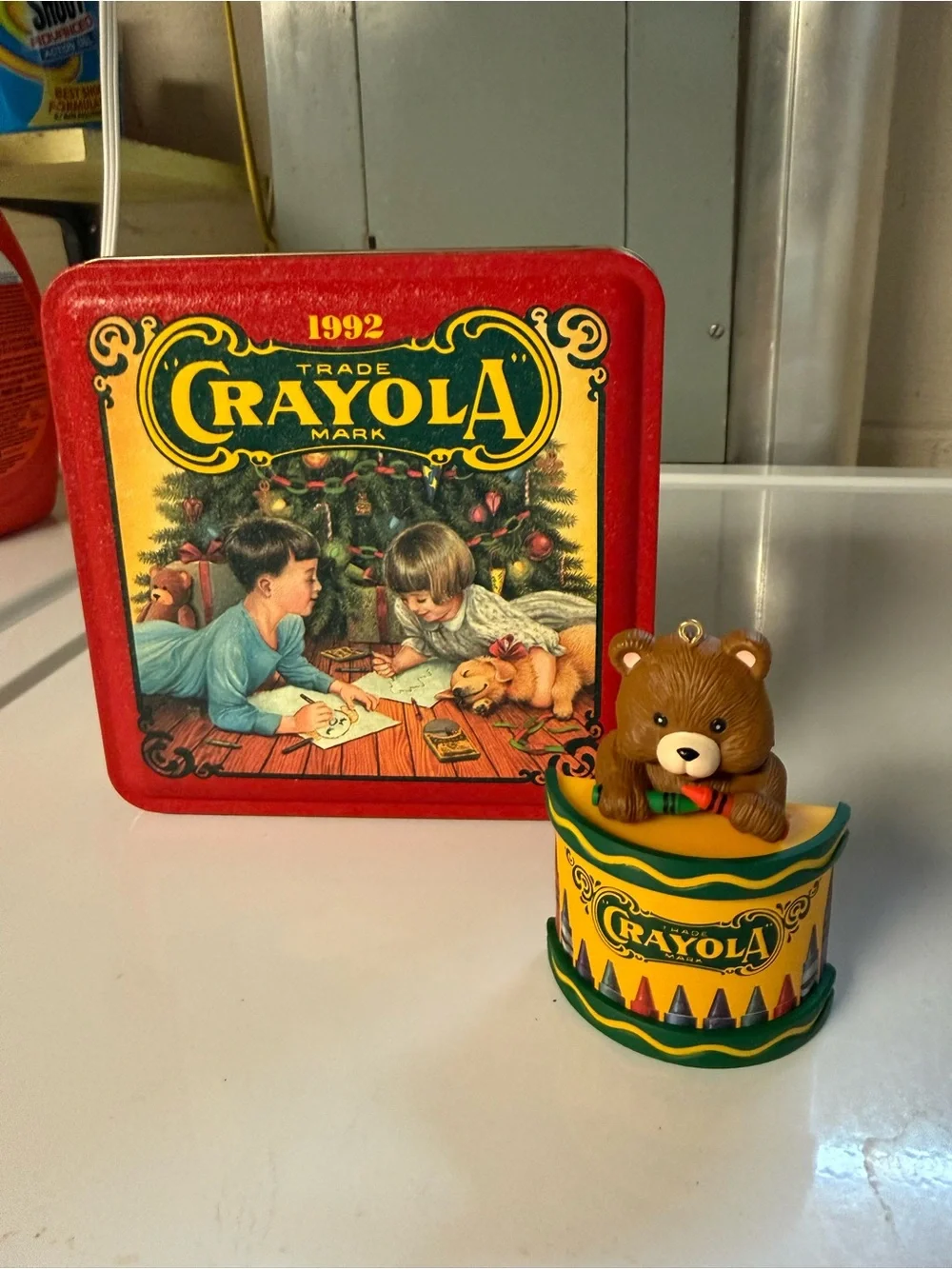 Crayola Red and Yellow 1992 Holiday Collectible Tin with Ornament